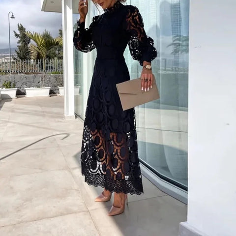 New French Lace Elegant Stand Collar Commute Solid Color Long Sleeves Dress CODE: KAR3324