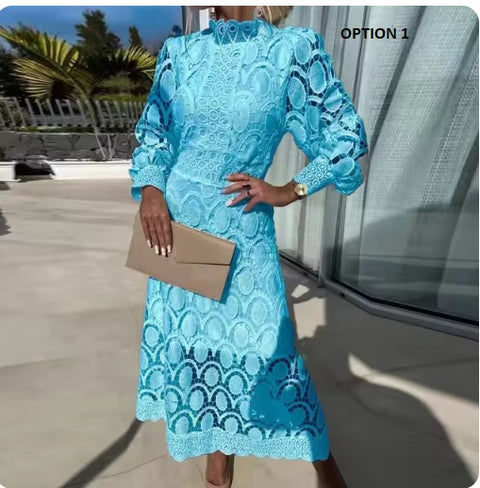 New French Lace Elegant Stand Collar Commute Solid Color Long Sleeves Dress CODE: KAR3324