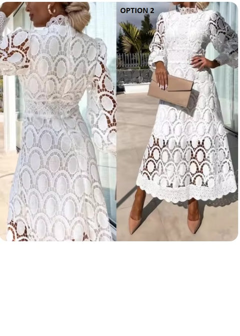 New French Lace Elegant Stand Collar Commute Solid Color Long Sleeves Dress CODE: KAR3324