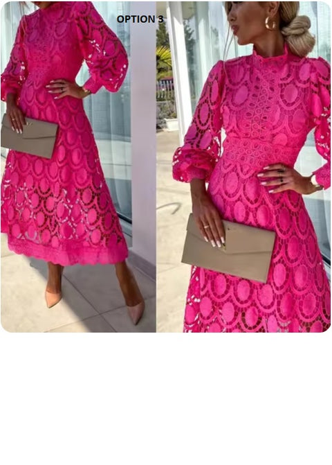 New French Lace Elegant Stand Collar Commute Solid Color Long Sleeves Dress CODE: KAR3324