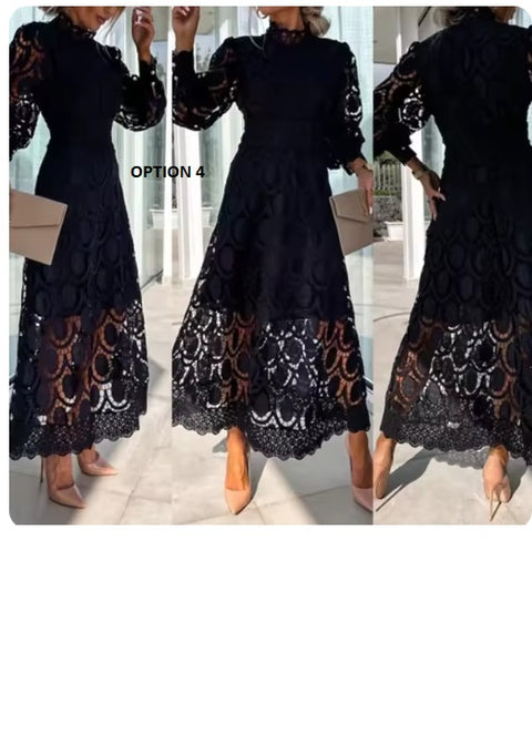 New French Lace Elegant Stand Collar Commute Solid Color Long Sleeves Dress CODE: KAR3324