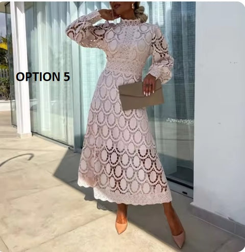 New French Lace Elegant Stand Collar Commute Solid Color Long Sleeves Dress CODE: KAR3324