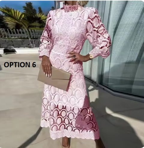 New French Lace Elegant Stand Collar Commute Solid Color Long Sleeves Dress CODE: KAR3324