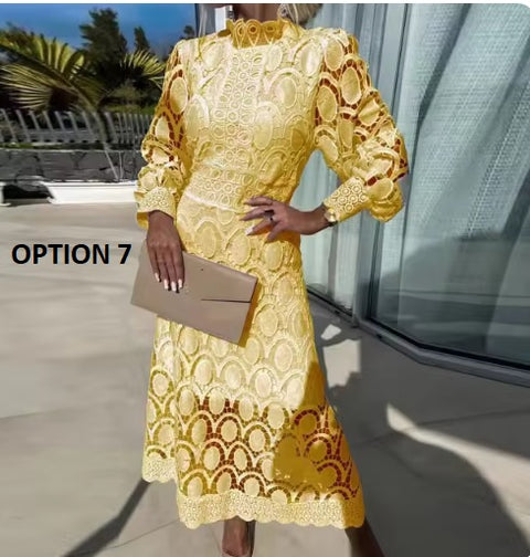 New French Lace Elegant Stand Collar Commute Solid Color Long Sleeves Dress CODE: KAR3324