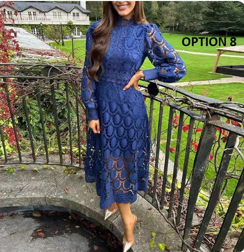 New French Lace Elegant Stand Collar Commute Solid Color Long Sleeves Dress CODE: KAR3324
