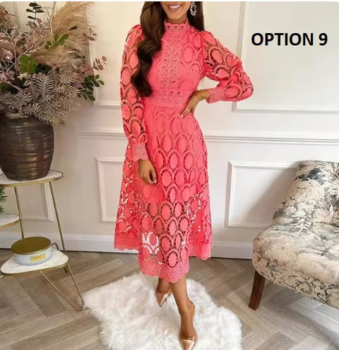 New French Lace Elegant Stand Collar Commute Solid Color Long Sleeves Dress CODE: KAR3324