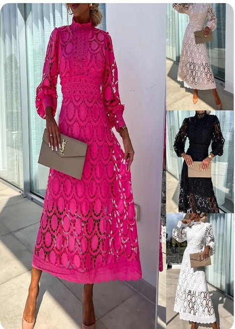 New French Lace Elegant Stand Collar Commute Solid Color Long Sleeves Dress CODE: KAR3324