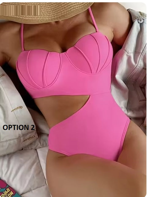 Sexy Strapped Underwire Push Up Halter Hollow Bathing One Piece Swimsuit CODE: KAR3325