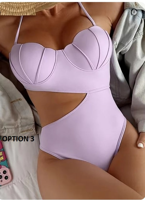 Sexy Strapped Underwire Push Up Halter Hollow Bathing One Piece Swimsuit CODE: KAR3325