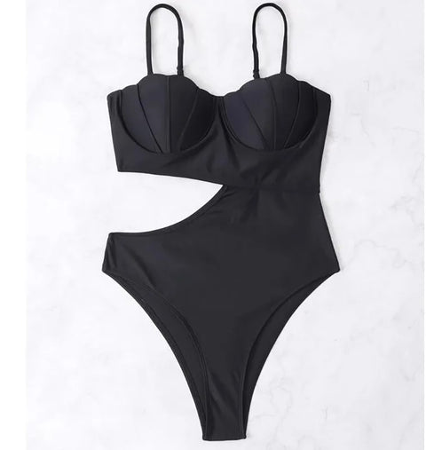 Sexy Strapped Underwire Push Up Halter Hollow Bathing One Piece Swimsuit CODE: KAR3325