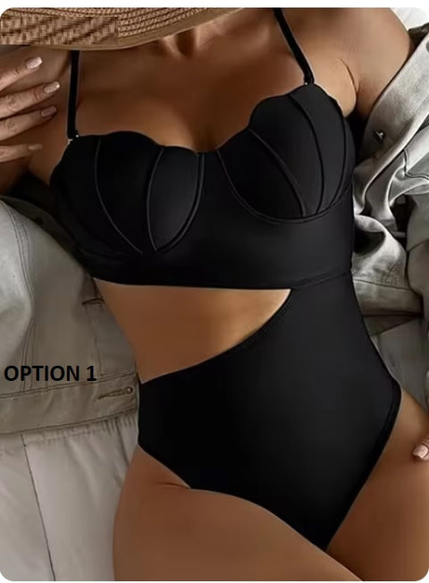 Sexy Strapped Underwire Push Up Halter Hollow Bathing One Piece Swimsuit CODE: KAR3325