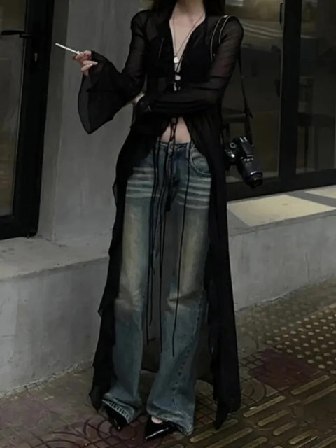 New Through Long Cardigan Slim V Neck Streetwear Sexy Top CODE: KAR3326