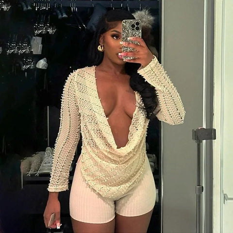 New Sexy Hollow Out Knitted Long Sleeve Swinging Collar Low-cut Crop Top CODE: KAR3327