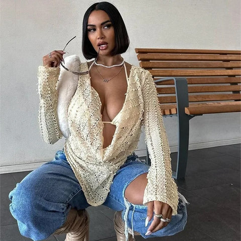 New Sexy Hollow Out Knitted Long Sleeve Swinging Collar Low-cut Crop Top CODE: KAR3327