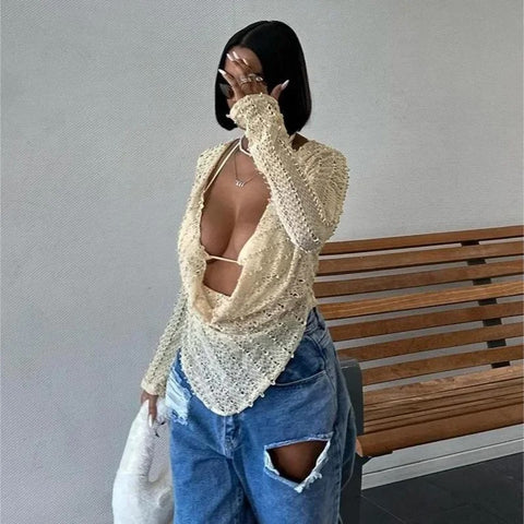 New Sexy Hollow Out Knitted Long Sleeve Swinging Collar Low-cut Crop Top CODE: KAR3327