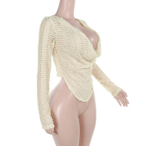 New Sexy Hollow Out Knitted Long Sleeve Swinging Collar Low-cut Crop Top CODE: KAR3327