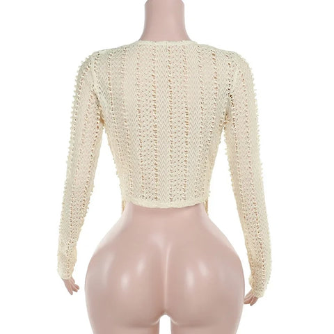 New Sexy Hollow Out Knitted Long Sleeve Swinging Collar Low-cut Crop Top CODE: KAR3327