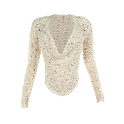 New Sexy Hollow Out Knitted Long Sleeve Swinging Collar Low-cut Crop Top CODE: KAR3327