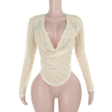 New Sexy Hollow Out Knitted Long Sleeve Swinging Collar Low-cut Crop Top CODE: KAR3327