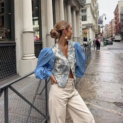 New Elegant Printed Patchwork Long Sleeve Sweet Loose V Neck Single High Street Top CODE: KAR3328