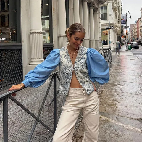New Elegant Printed Patchwork Long Sleeve Sweet Loose V Neck Single High Street Top CODE: KAR3328