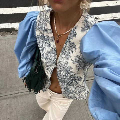 New Elegant Printed Patchwork Long Sleeve Sweet Loose V Neck Single High Street Top CODE: KAR3328