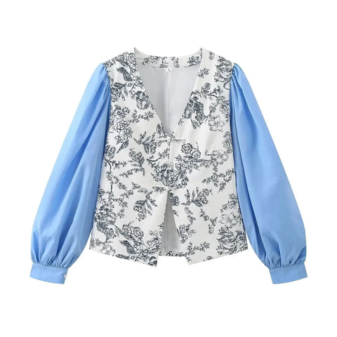 New Elegant Printed Patchwork Long Sleeve Sweet Loose V Neck Single High Street Top CODE: KAR3328