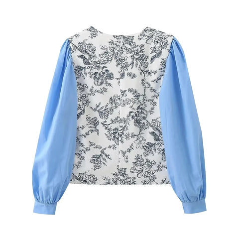 New Elegant Printed Patchwork Long Sleeve Sweet Loose V Neck Single High Street Top CODE: KAR3328
