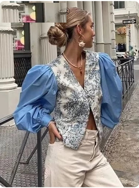 New Elegant Printed Patchwork Long Sleeve Sweet Loose V Neck Single High Street Top CODE: KAR3328