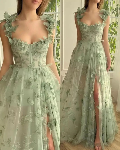 New Butterfly Prom Spaghetti Straps High Side Split Sweetheart Backless Long Dress CODE: KAR3329
