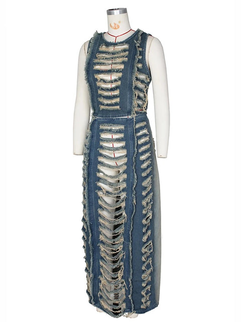 New Elegant Ripped Hole Sleeveless Crop Tank Split Side Maxi Skirt Top and Two Piece Set CODE: KAR3330