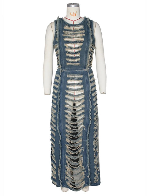 New Elegant Ripped Hole Sleeveless Crop Tank Split Side Maxi Skirt Top and Two Piece Set CODE: KAR3330