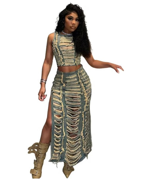 New Elegant Ripped Hole Sleeveless Crop Tank Split Side Maxi Skirt Top and Two Piece Set CODE: KAR3330