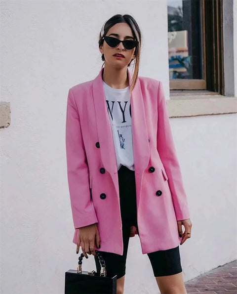 New Double Breasted Coat Solid Color + Slim Fit High Waist Straight Sleeve Suit Pants Two Piece Set CODE: KAR3335