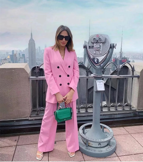 New Double Breasted Coat Solid Color + Slim Fit High Waist Straight Sleeve Suit Pants Two Piece Set CODE: KAR3335