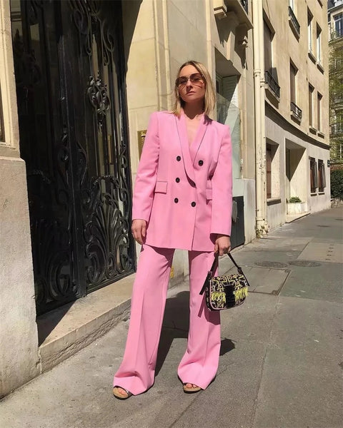 New Double Breasted Coat Solid Color + Slim Fit High Waist Straight Sleeve Suit Pants Two Piece Set CODE: KAR3335