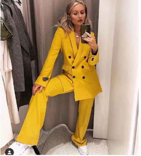 New Double Breasted Coat Solid Color + Slim Fit High Waist Straight Sleeve Suit Pants Two Piece Set CODE: KAR3335