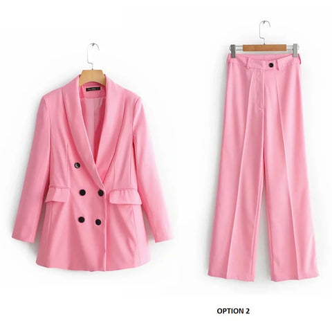 New Double Breasted Coat Solid Color + Slim Fit High Waist Straight Sleeve Suit Pants Two Piece Set CODE: KAR3335