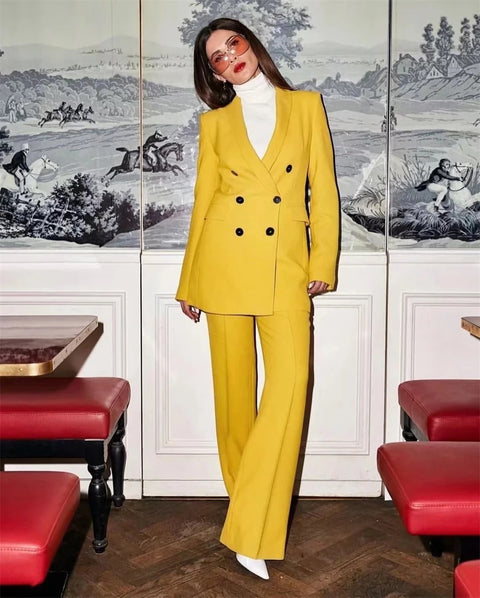 New Double Breasted Coat Solid Color + Slim Fit High Waist Straight Sleeve Suit Pants Two Piece Set CODE: KAR3335