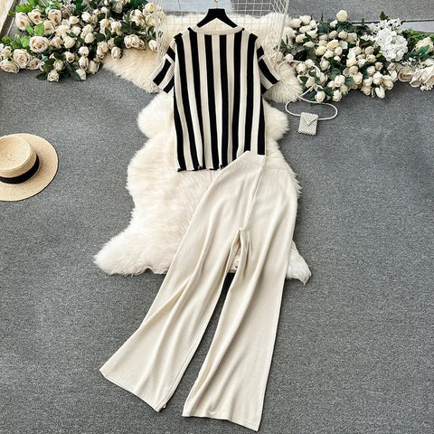 New Summer Loose Long Sleeve Elegance Plaid Top Wide Leg Two Piece Set CODE: KAR3340