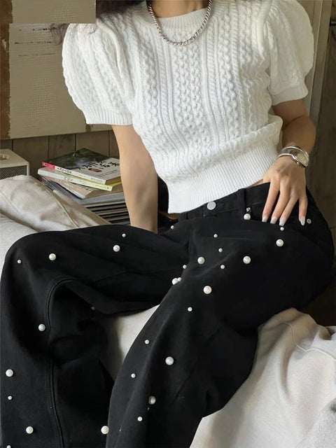 New High Waist Loose Beading Wide Leg Pocket Straight Trouser Pant CODE: KAR3343