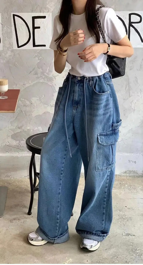 New High Waist Lace-up Casual Cargo Multi-pocket Loose Wide Leg Pant CODE: KAR3344