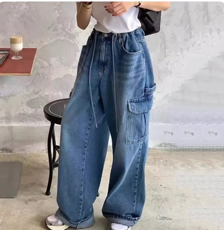New High Waist Lace-up Casual Cargo Multi-pocket Loose Wide Leg Pant CODE: KAR3344