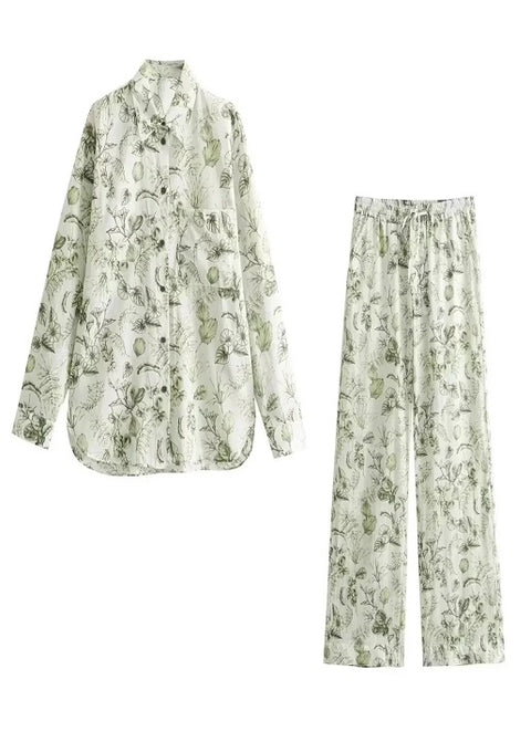 New Casual Printed Polo Collar Long sleeved Shirt High Waist Pant Set CODE: KAR3345