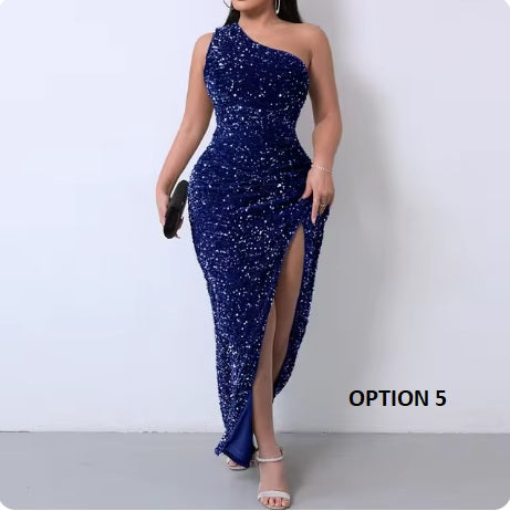 Summer New Sequined Sleeveless One Shoulder Sleeve Slit Ankle Pencil Tight Dress CODE: KAR3353