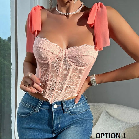 New Lace Hollowing Mesh See Through Halter Sexy Bare Shoulder Strappy Tank Vest Crop Top CODE: KAR3357