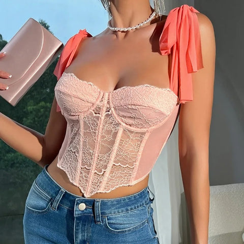 New Lace Hollowing Mesh See Through Halter Sexy Bare Shoulder Strappy Tank Vest Crop Top CODE: KAR3357