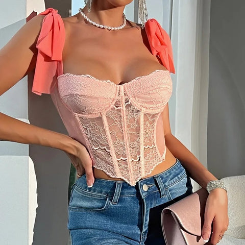 New Lace Hollowing Mesh See Through Halter Sexy Bare Shoulder Strappy Tank Vest Crop Top CODE: KAR3357
