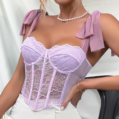 New Lace Hollowing Mesh See Through Halter Sexy Bare Shoulder Strappy Tank Vest Crop Top CODE: KAR3357
