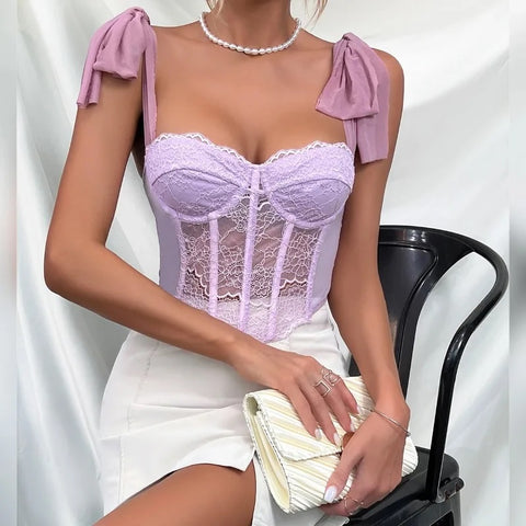 New Lace Hollowing Mesh See Through Halter Sexy Bare Shoulder Strappy Tank Vest Crop Top CODE: KAR3357